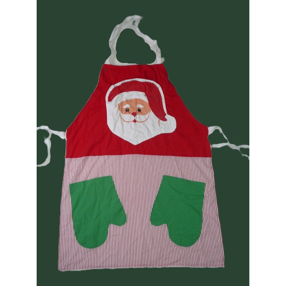 Vintage Russ Christmas Kid Size Apron Santa Claus Green Mit Pockets Cookie Bake